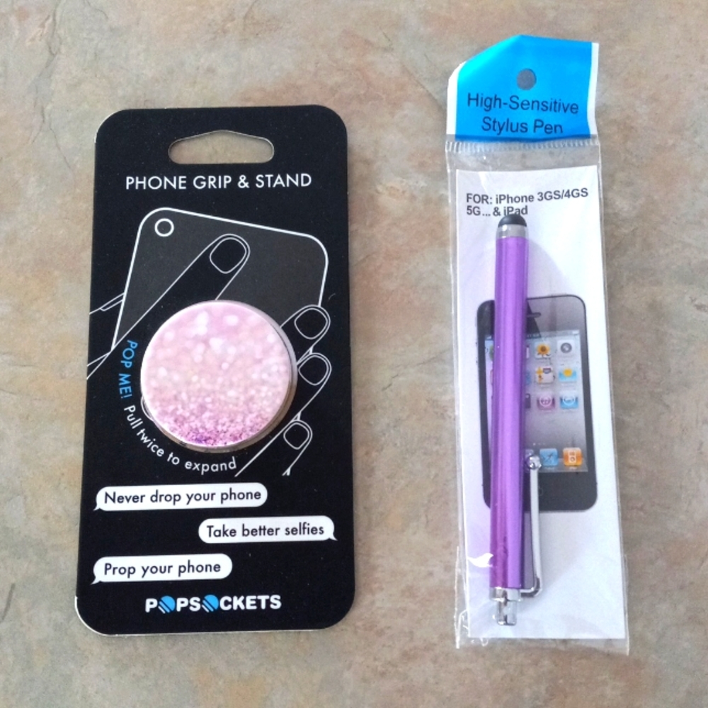 🖋 New in package: Set of Pink PopSockets Phone Grip & Purple Stylus Pen 🖋